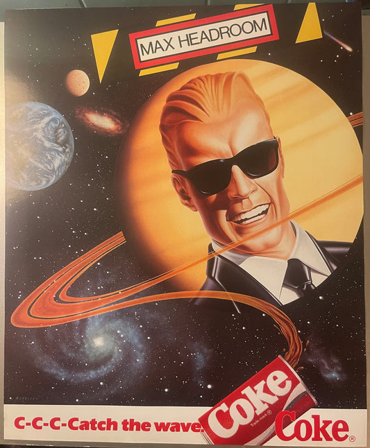 Vintage Coca-Cola poster featuring Max Headroom in sunglasses against a space background with planets, text reading "MAX HEAD