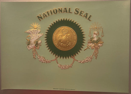 Embossed antique cigar label with "National Seal" text, gold coin center, and allegorical figures flanking scales of justice