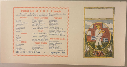 Vintage J.B.L. Products advertisement from Logansport, Indiana showing partial product list and illustrated label with woman