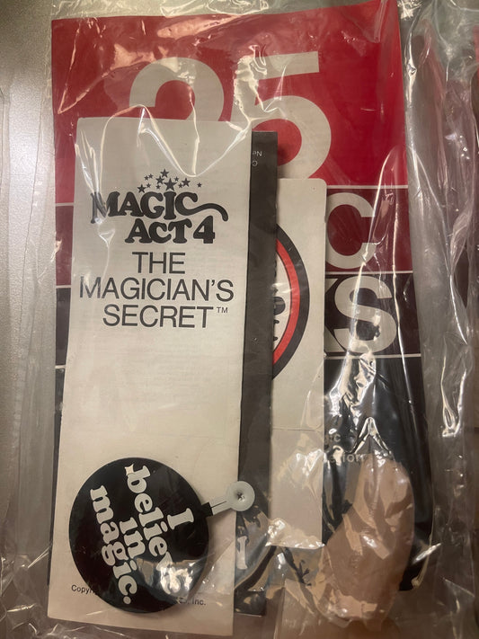 Sealed vintage Magic Act 4 magic tricks kit in red and white packaging with instruction booklet and black magic wand visible