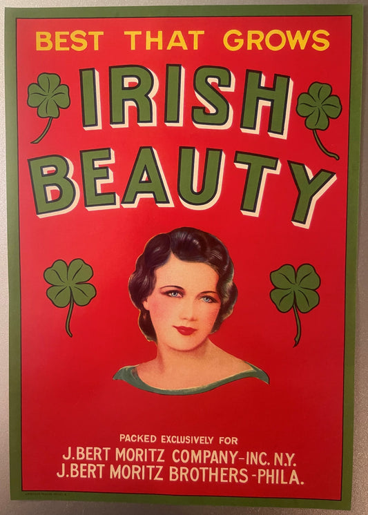Vintage red crate label with "Irish Beauty" in green text, four-leaf clovers, portrait of dark-haired woman, J. Bert Moritz C