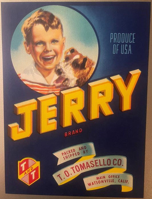 Vintage Jerry Brand fruit crate label featuring a smiling boy with a dog in a circular portrait, bold yellow lettering, and T