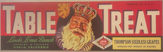 Vintage red fruit crate label with bearded king illustration, green text reading "Linda Loma Ranch Visalia California" and "T