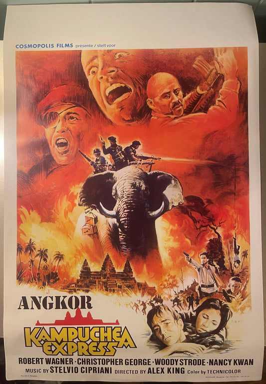 Vintage movie poster featuring a large elephant with armed soldiers, fiery explosions, and dramatic character portraits in re
