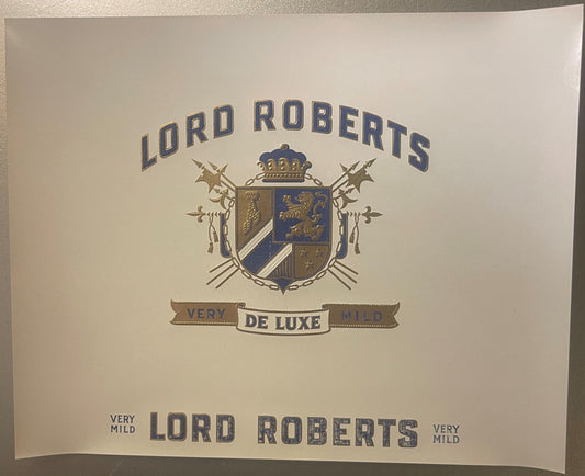 Vintage Lord Roberts cigar label with embossed heraldic coat of arms, crown, lions, and shield in gold and blue on cream pape