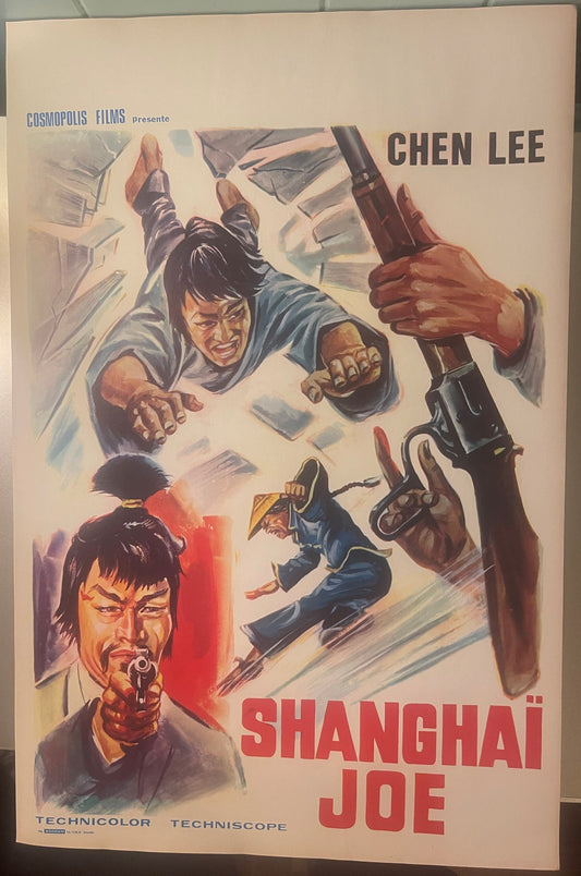 Vintage movie poster for "Shanghai Joe" featuring Chen Lee, with illustrated action scenes, a man with gun in lower left, and