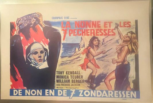 Vintage movie poster for "La Nonne et les 7 Pécheresses" featuring illustrated nun and women on beach in red and blue text.