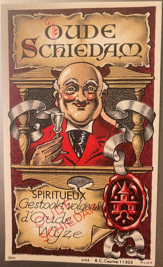 Vintage Dutch liquor label featuring a smiling rotund man in red jacket holding wine glasses, with "Oude Schiedam" text and o