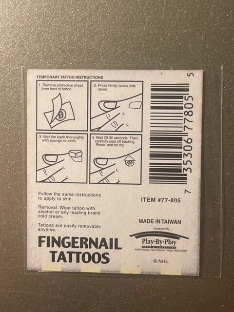 Vintage fingernail tattoos instruction card with four-step application diagrams and barcode, item #77-805, made in Taiwan.