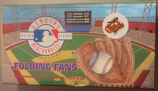 Vintage 1998 Baltimore Orioles folding fan showing baseball glove, ball, scoreboard, and stadium background with MLB logo and