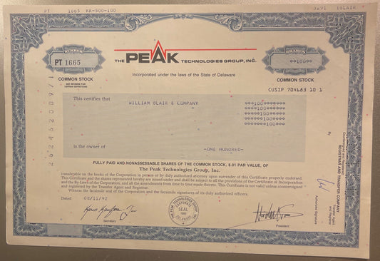 Vintage Peak Technologies Group Inc. stock certificate for 100 shares, with ornate bor