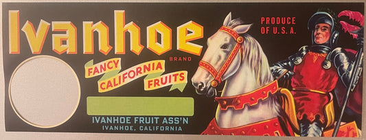 Vintage Ivanhoe Brand fruit crate label featuring gold lettering, white horse with red ornate saddle, knight in armor, and "P