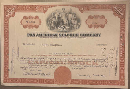 Vintage Pan American Sulphur Company stock certificate for 25 shares, printed in brown and