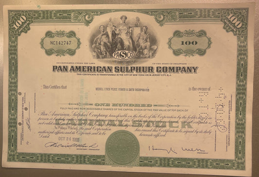 Vintage Pan American Sulphur Company stock certificate for 100 shares, featuring decorative border, allegorical figures