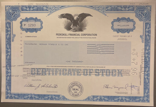 Peekskill Financial Corporation stock certificate for 1,000 shares, featuring eagle wa