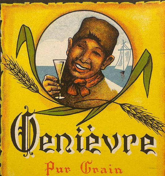 Vintage yellow liquor label with smiling man in circular frame holding champagne glass, wheat stalks, and sailing ship, text