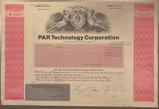 Vintage stock certificate for PAR Technology Corporation with red ornamental borders, angel engravings, and handwritten signa