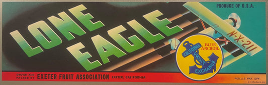 Vintage fruit crate label with large green "LONE EAGLE" text, Blue Anchor logo, and airplane illustration, Exeter Fruit Assoc