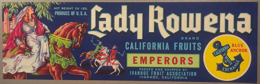 Vintage Lady Rowena fruit crate label featuring a woman on horseback, knights in medieval duel, and Blue Anchor Exchange seal