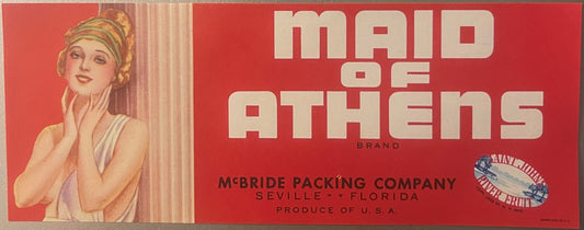 Vintage red citrus crate label featuring a Grecian woman illustration and "Maid of Athens" text, McBride Packing Company, Sev