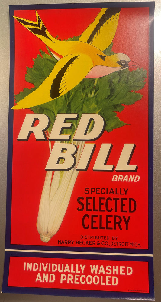 Vintage Red Bill celery crate label featuring yellow bird in flight, green celery leaves, red background, text reading "BRAND