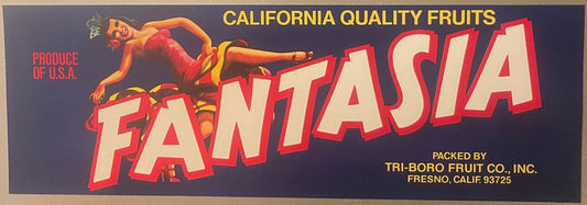 Vintage fruit crate label with "Fantasia" in large red letters, woman in red outfit, dark blue background, Tri-Boro Fruit Co.