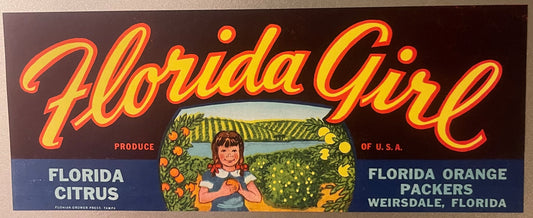 Vintage Florida Girl citrus crate label with red and yellow text, featuring a smiling girl holding oranges surrounded by frui