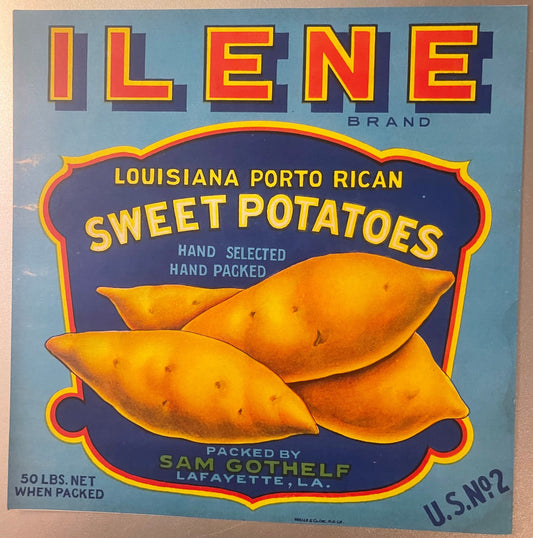 Vintage Ilene Brand sweet potato crate label with three orange yams on dark blue shield, yellow and red text, light blue back