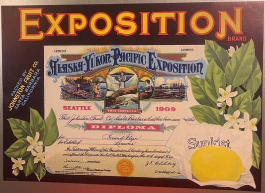 Vintage Exposition brand lemon crate label featuring Alaska-Yukon-Pacific Exposition 1909 Seattle diploma, with yellow lemon