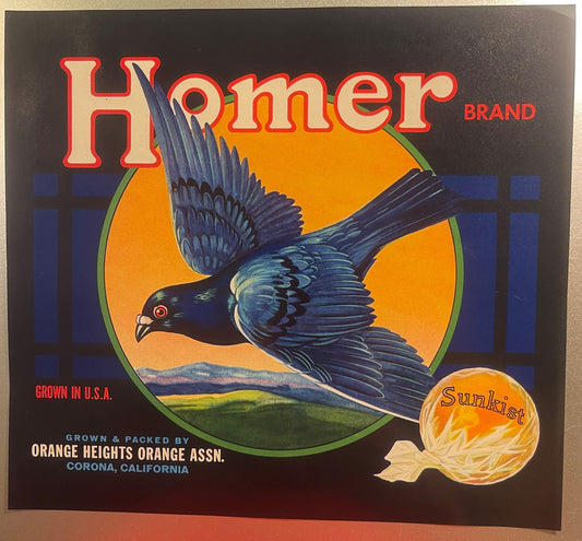 Vintage Homer Brand fruit crate label featuring a blue bird in flight against an orange circle, with "Sunkist" orange fruit i