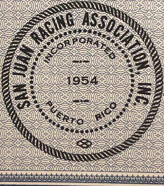Vintage stock certificate with ornate border, printed text reading "San Juan" and " ", decorative rope-like frame, cream a