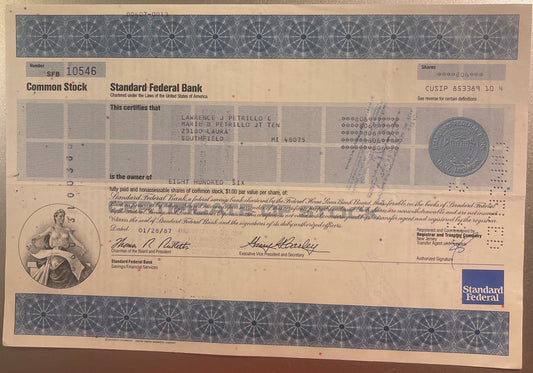 Vintage Standard Federal Bank stock certificate for 816 shares, cream-colored with blue decorative borders and bank seal