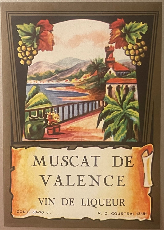 Vintage wine label for Muscat de Valence liqueur featuring a scenic Mediterranean landscape with grapes, mountains, and coast