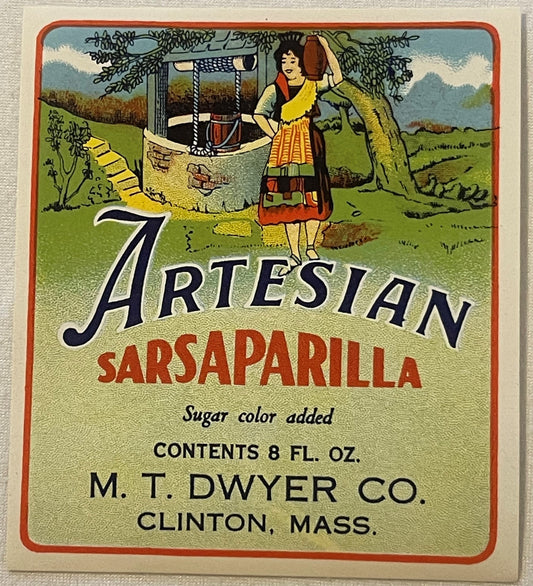 Vintage Artesian Sarsaparilla bottle label featuring a woman in traditional dress by a well, with red border and text identif