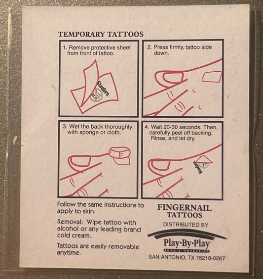 Instructions sheet for temporary tattoos showing four numbered steps with hand diagrams and text, distributed by Play-By-Play