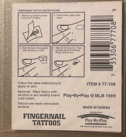 Instruction sheet for temporary fingernail tattoos from 1999 MLB Play-By-Play, showing four application steps with barcode an