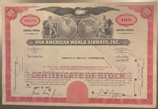 Vintage red and cream Pan American World Airways stock certificate for 100 shares, featuring eagle and glo