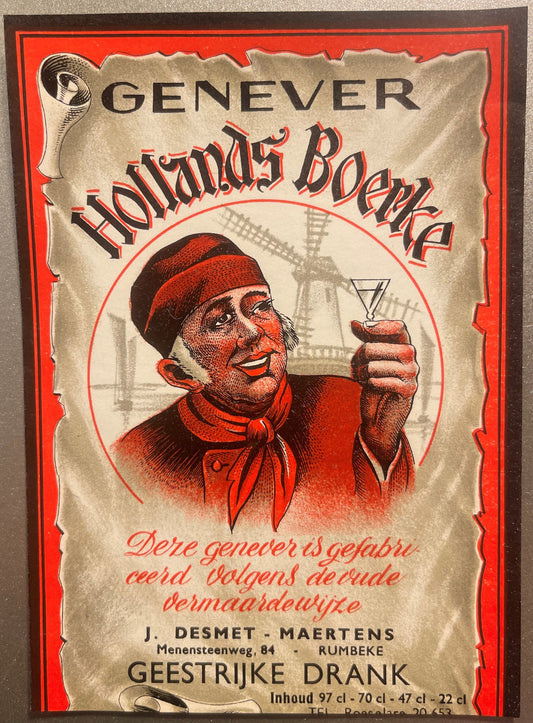 Vintage red and cream liquor label for Genever Hollands Boerke featuring a smiling man in red clothing holding a drink glass,