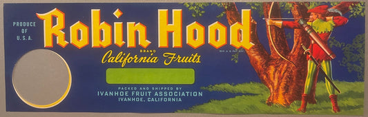 Vintage Robin Hood fruit crate label featuring an archer in red and green, gold lettering on dark blue background, Ivanhoe Fr