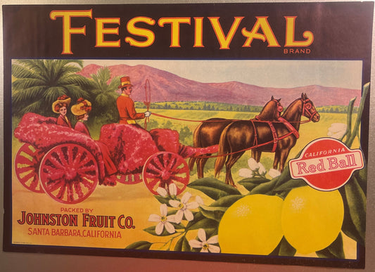 Antique Festival Brand lemon crate label showing horse-drawn cart with red wheels, two women in period dress, mountains, and
