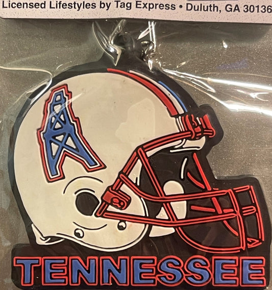 Cream and red Tennessee Oilers football helmet keychain in clear plastic packaging, showing front view with blue "A" logo and