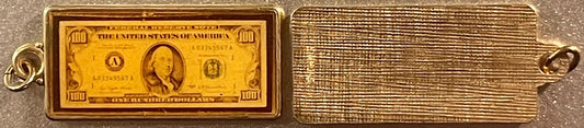 Gold bracelet with a mini $100 bill charm from Vintage 1970s keychain fobs