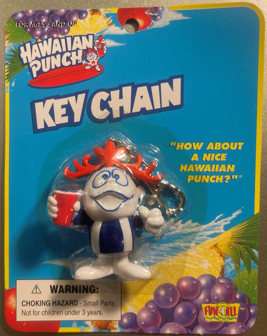 Sealed Hawaiian Punch keychain featuring Punchy mascot in red hat holding drink cup, on blue cardboard packaging with warning