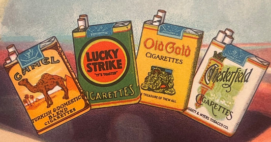 Vintage lithograph illustration showing four colorful cigarette pack designs: Camel, Lucky Strike, Old Gold, and Chesterfield