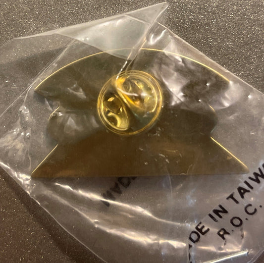 Gold-toned Captain Planet enamel pin with circular logo sealed in clear plastic bag, made in Taiwan marked on packaging