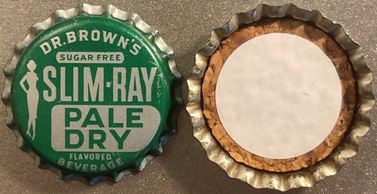 Green and cork bottle cap for Dr. Brown's Slim-Ray Pale Dry sugar-free beverage, shown front and back views