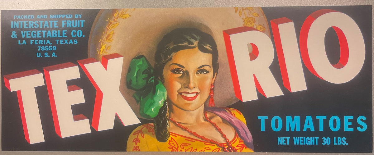 Vintage Tex Rio tomato crate label with red bold lettering, illustrated woman in colorful dress holding green pepper, blue te