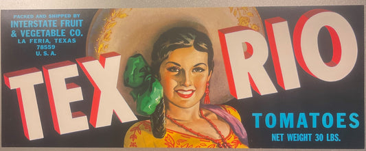Vintage Tex Rio tomato crate label with red bold lettering, illustrated woman in colorful dress holding green pepper, blue te