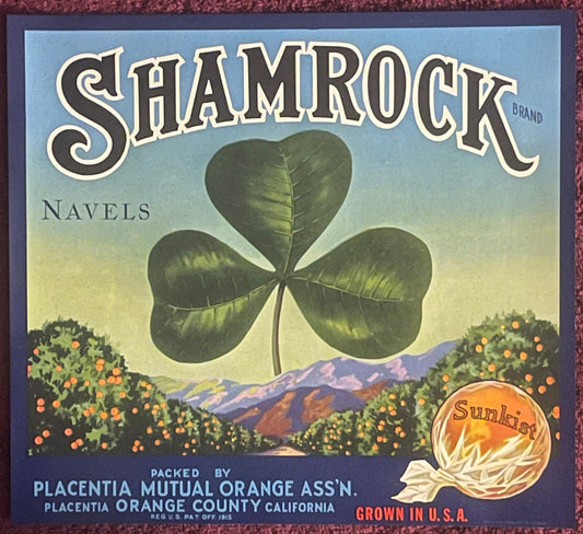 Vintage Shamrock Brand Navel Orange crate label featuring a three-leaf clover and orange grove landscape, printed by Placenti
