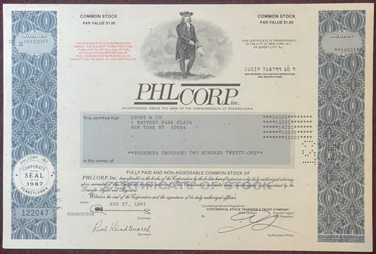 Vintage PHLCORP Inc. stock certificate with blue decorative borders, William Penn engraving, and Pennsylvania corporate